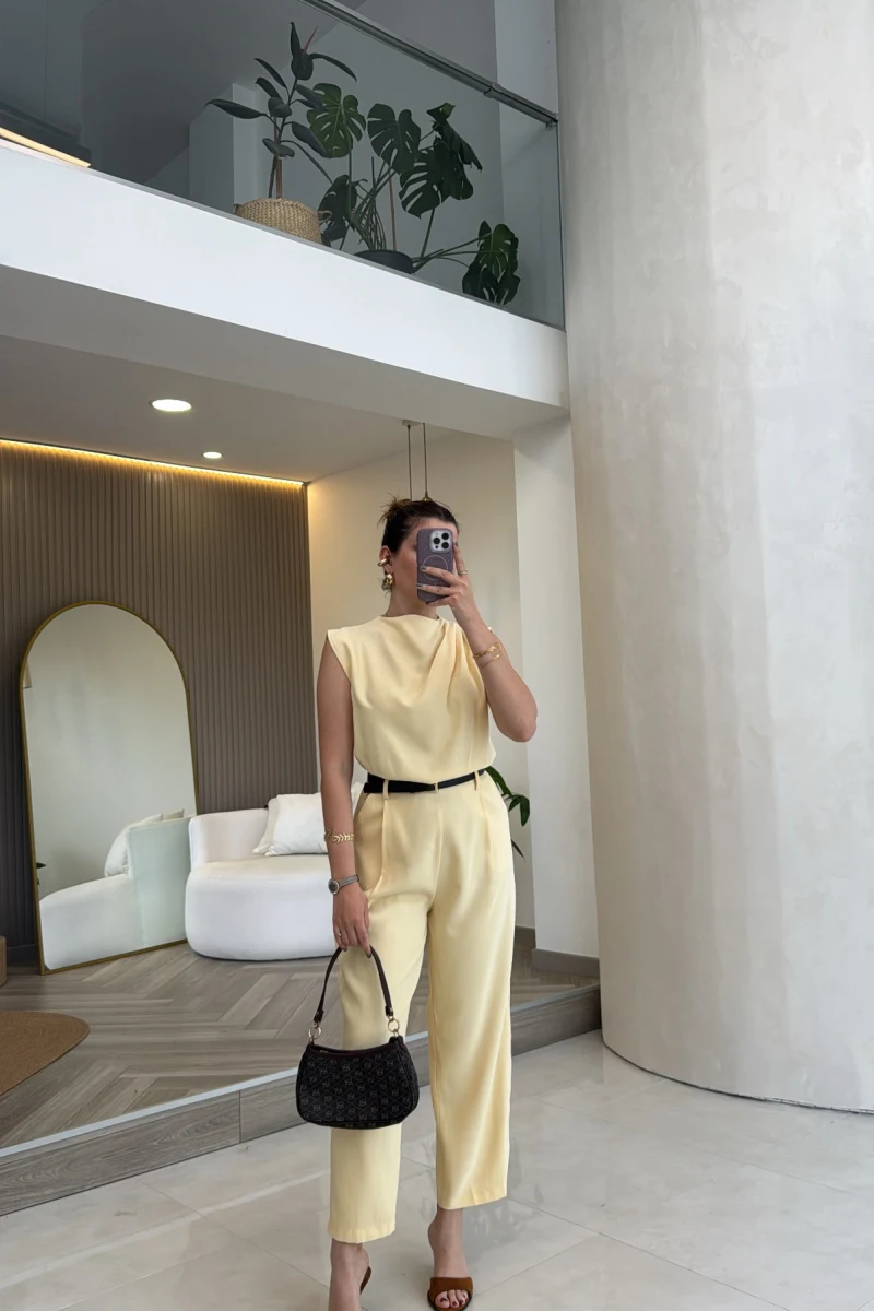 Kemerli Sıfır Kol Tulum - Sarı - Kod: 580907