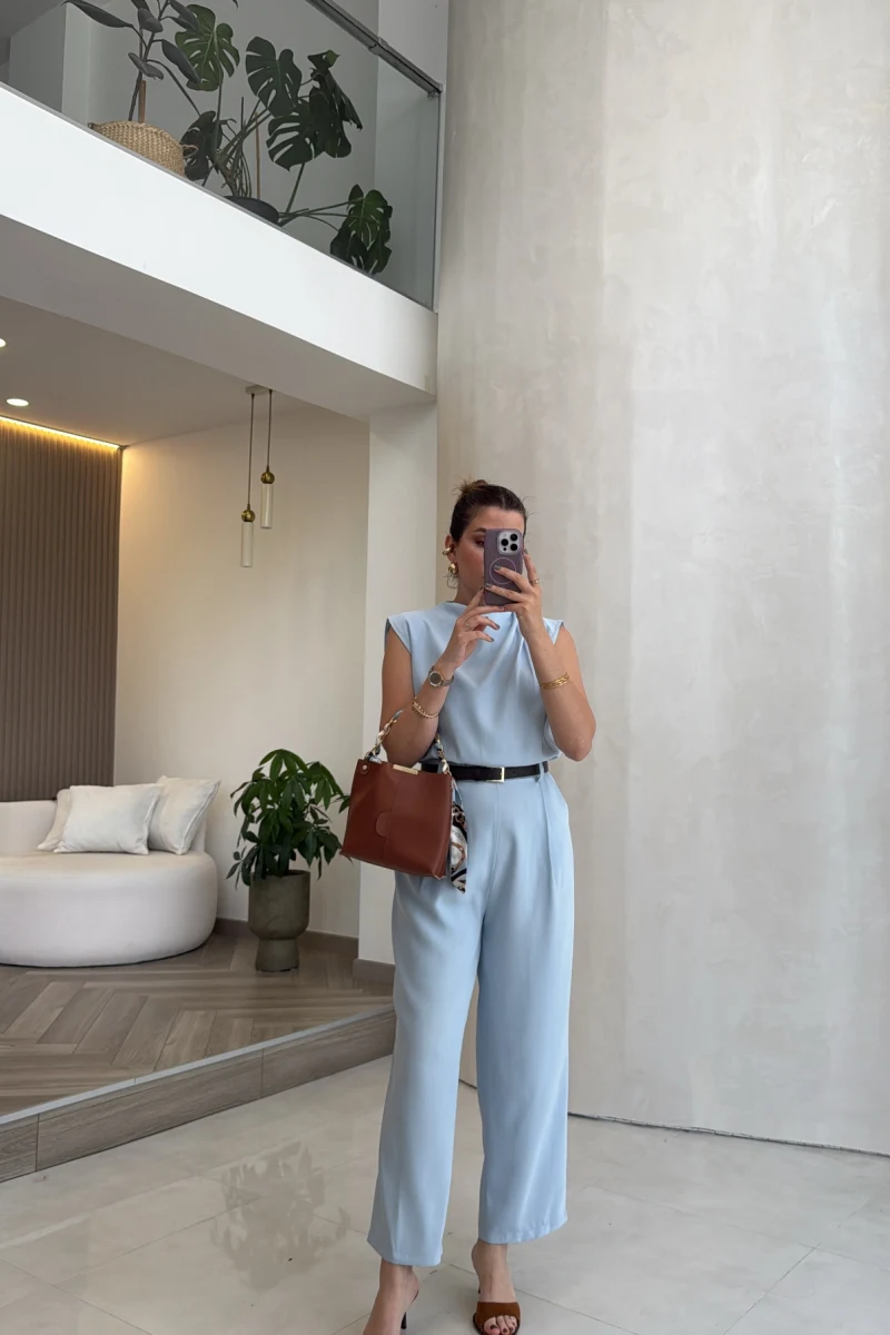 Kemerli Sıfır Kol Tulum - Mavi - Kod: 580907