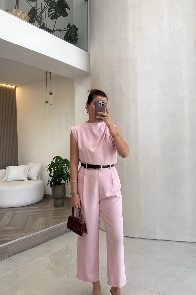 Kemerli Sıfır Kol Tulum - Pembe - Kod: 580907