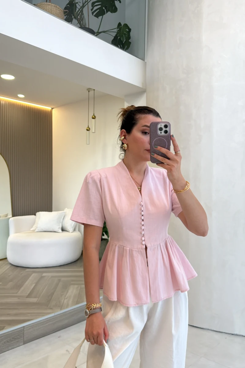 Kolu Vatkalı Bele Oturan Gömlek - Pembe - Kod: 5506
