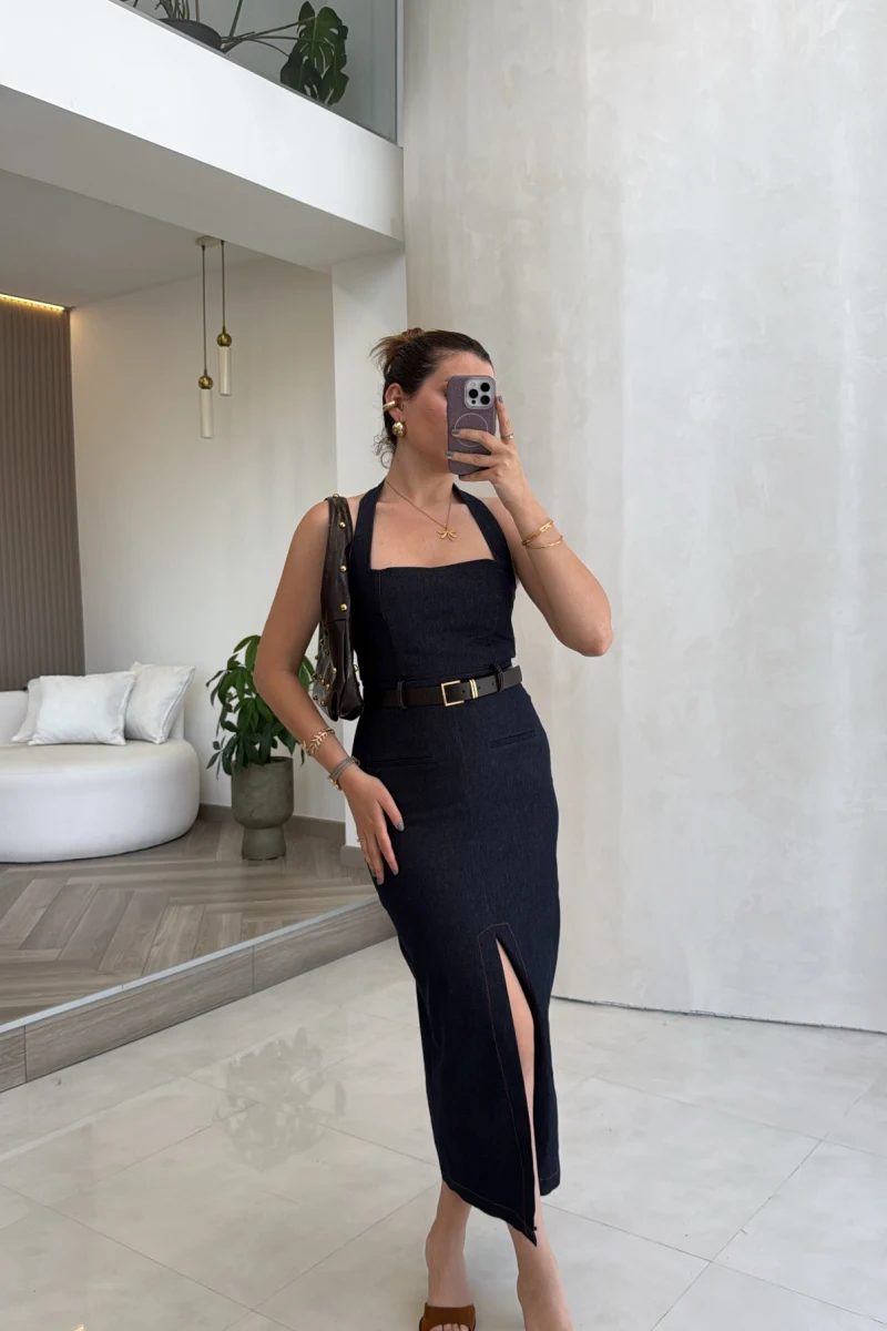 Boyun Askılı Denim Kemerli Elbise - Lacivert - Kod: 3092