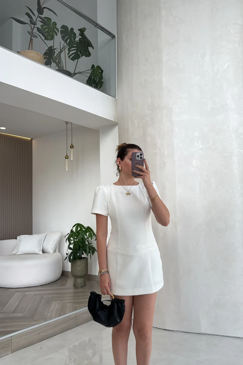 Astarı Şortlu Mini Elbise - Ekru - Kod: 4195