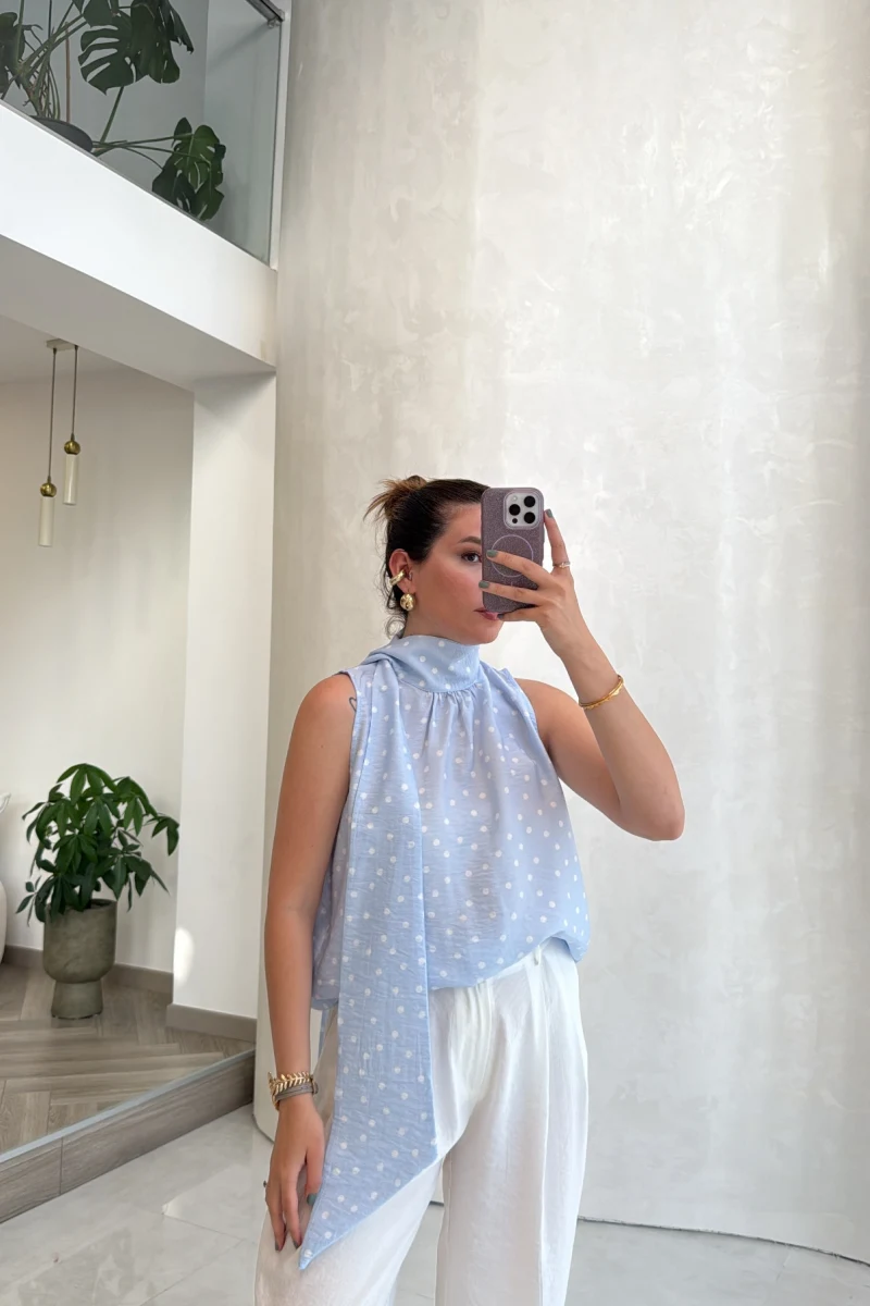 Bağlamalı Puantiye Desenli Bluz - Mavi - Kod: 5502