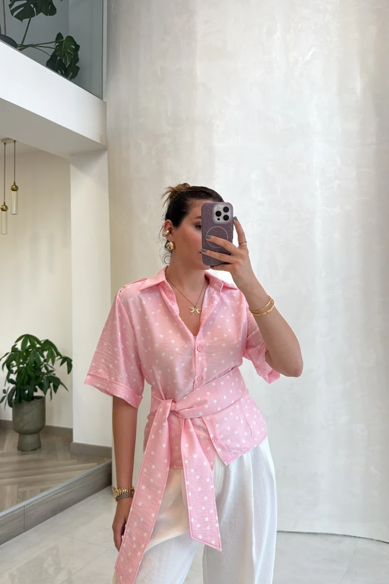 Puantiye Desenli Kemerli Gömlek - Pembe - Kod: 5501