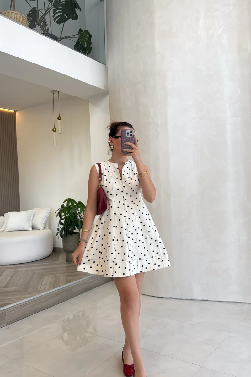 Denim Puantiye Desenli Mini Elbise - Ekru - Kod: 580951