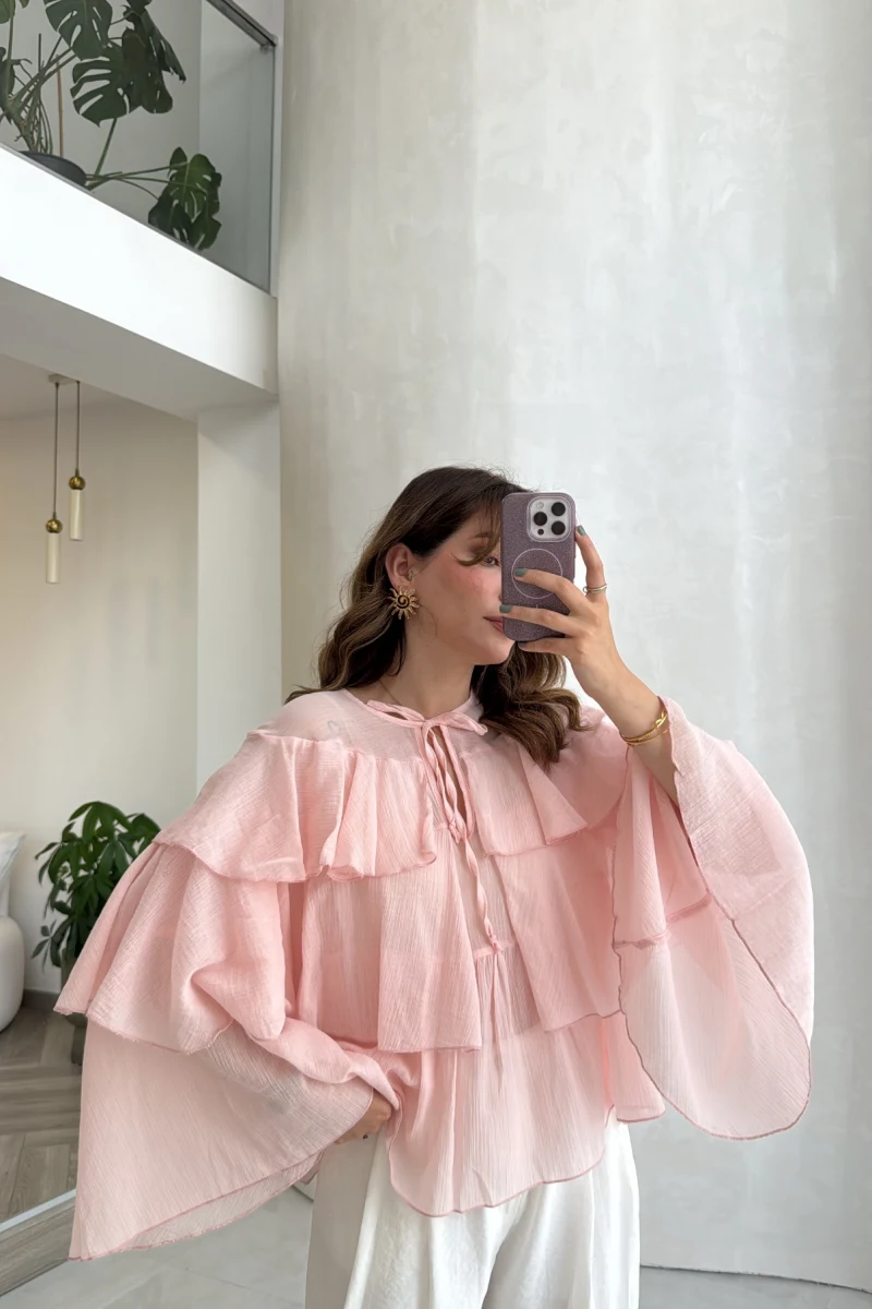 Volanlı Transparan Pamuk Bluz - Pembe - Kod: 5508