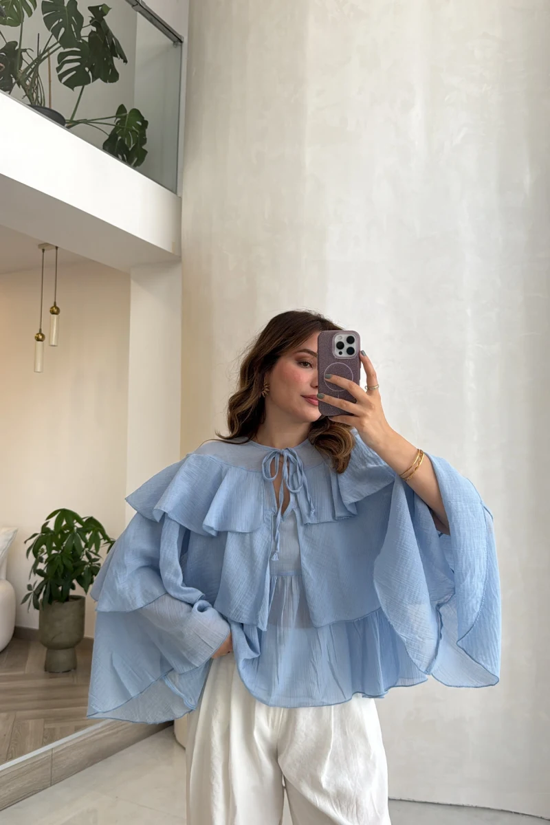 Volanlı Transparan Pamuk Bluz - Mavi - Kod: 5508