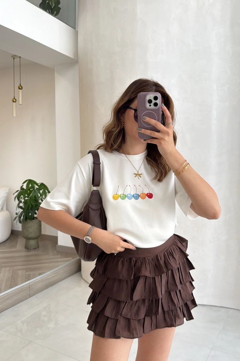 Cherry Baskılı T-shirt - Ekru - Kod: 1102