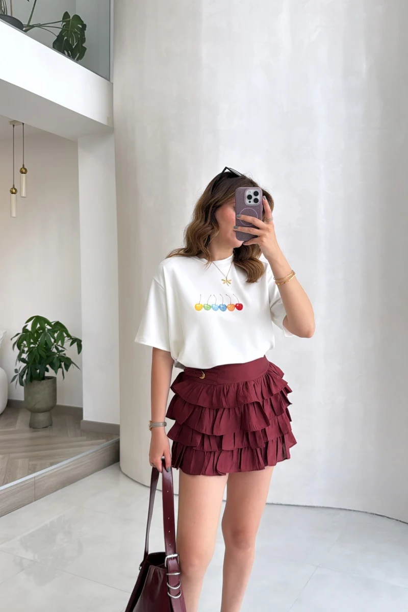 Fırfırlı Modal Mini Etek - Bordo - Kod: 580718