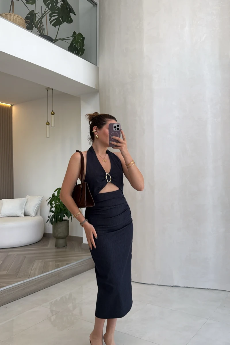 Boyundan Geçmeli Denim Tokalı Elbise - Lacivert - Kod: 8217