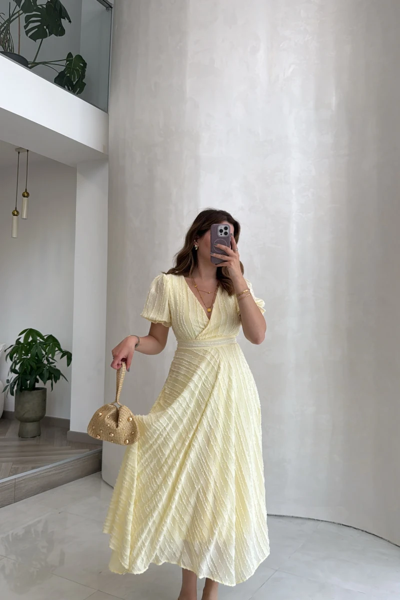 V Yaka Püskül Detay Elbise - Sarı - Kod: 3100