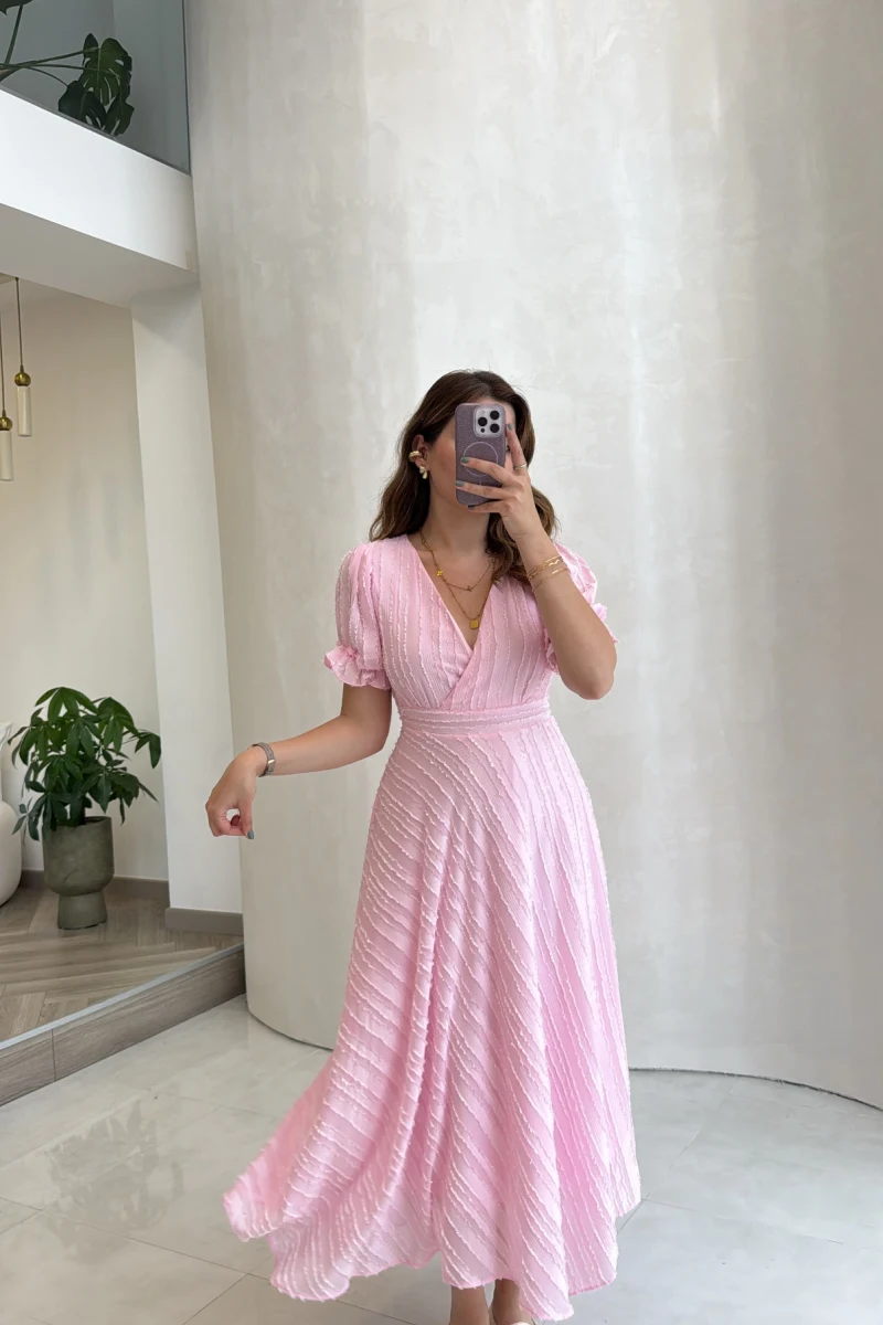 V Yaka Püskül Detay Elbise - Pembe - Kod: 3100