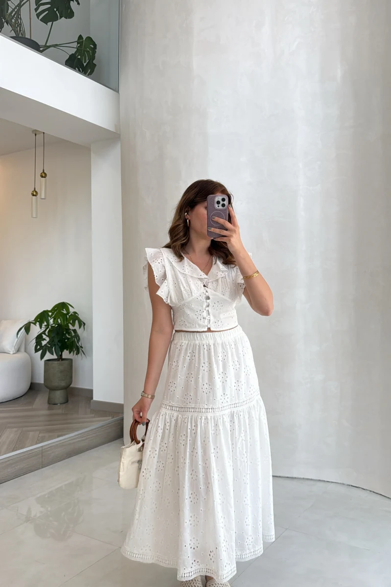 Brode Detay Etek-Bluz Takım - Beyaz - Kod: 5094 2307