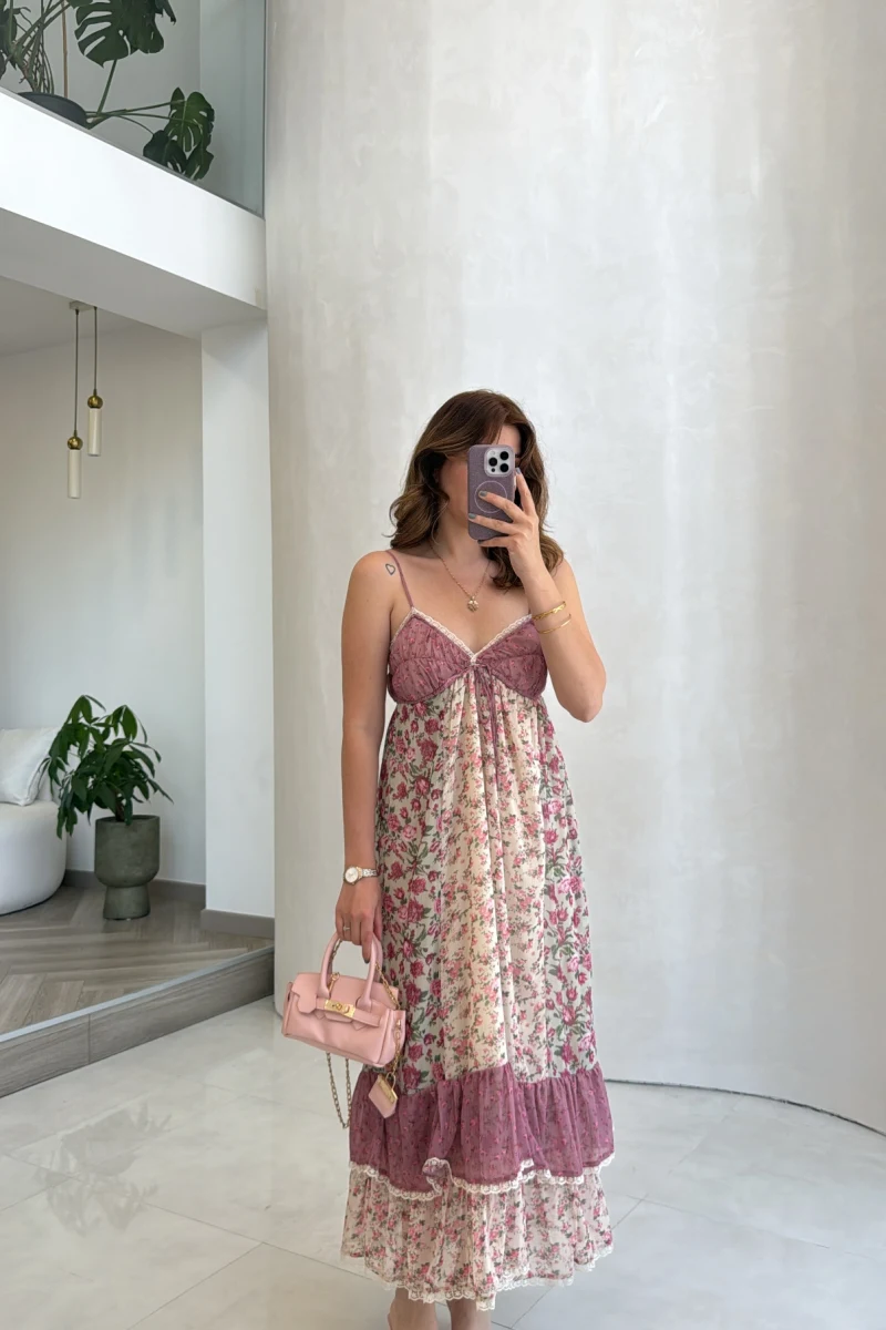 İp Askılı Çiçekli Şifon Elbise - Pembe - Kod: 580494