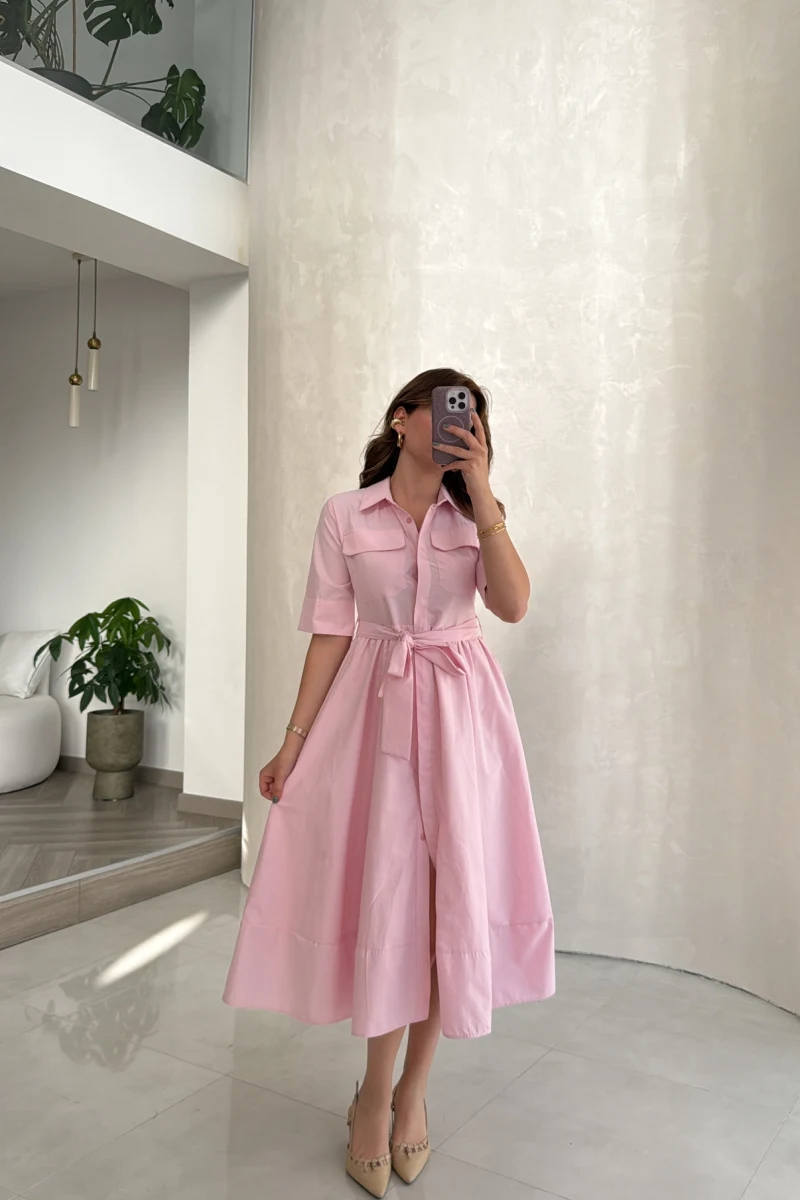 Yarım Kol Kuşaklı Gömlek Elbise - Pembe - Kod: 3087