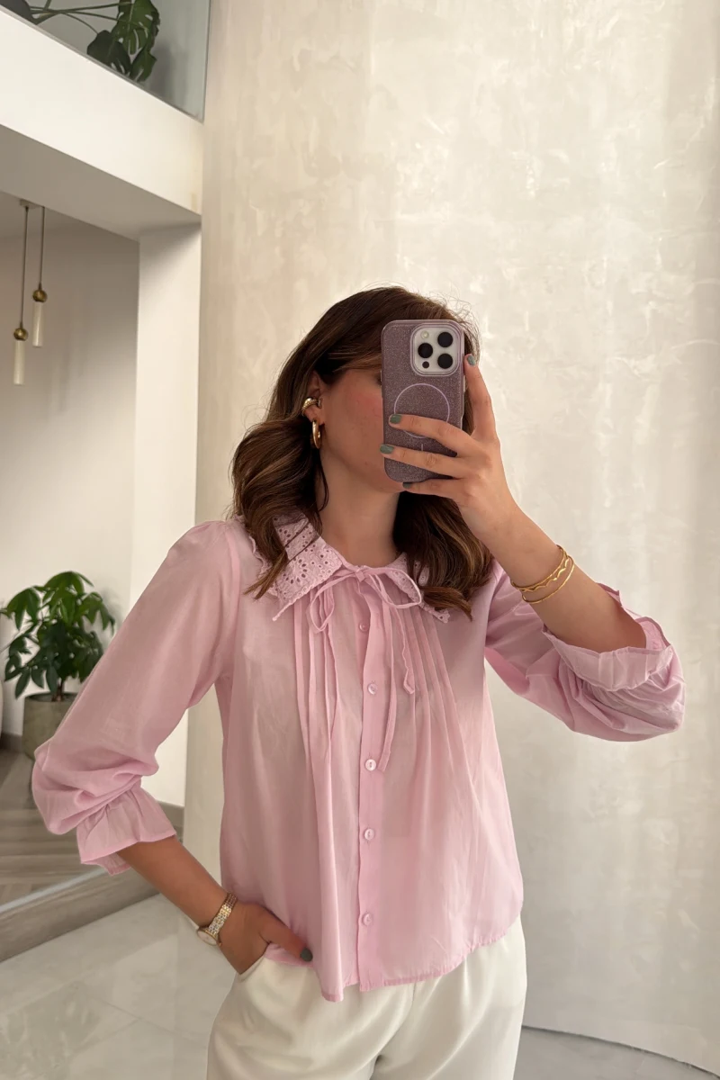 Dantelli Bebe Yaka Gömlek - Pembe - Kod: 2263