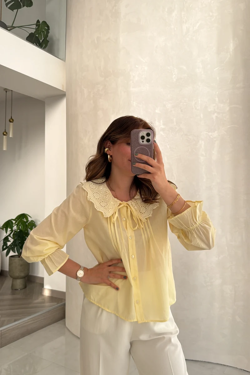 Dantelli Bebe Yaka Gömlek - Sarı - Kod: 2263
