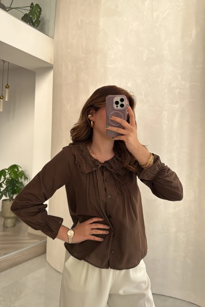 Dantelli Bebe Yaka Gömlek - Acı Kahve - Kod: 2263