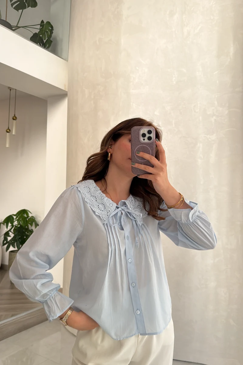 Dantelli Bebe Yaka Gömlek - Bebe Mavisi - Kod: 2263