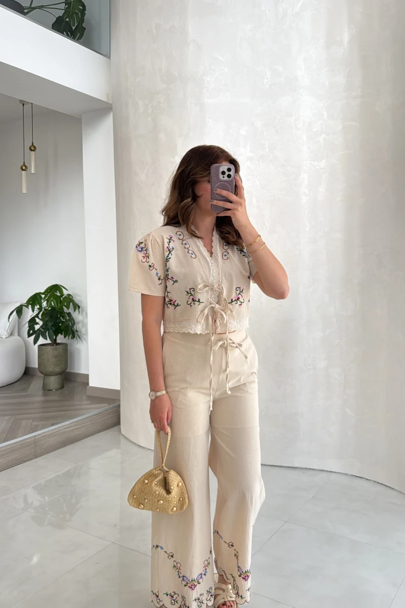 Bej Nakışlı Keten Pantolon Bluz Takım - Kod: 3032