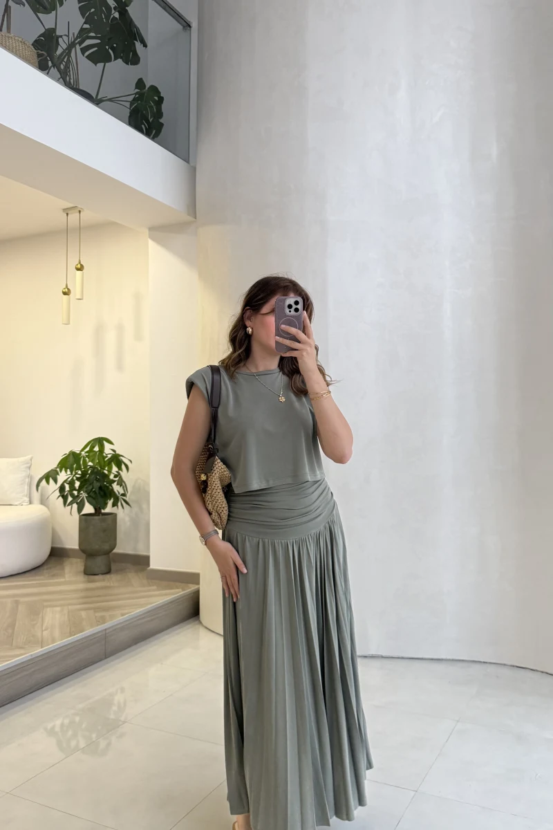 Alice Beli Büzgülü Etek Bluz Takım - Haki - Kod: 580969