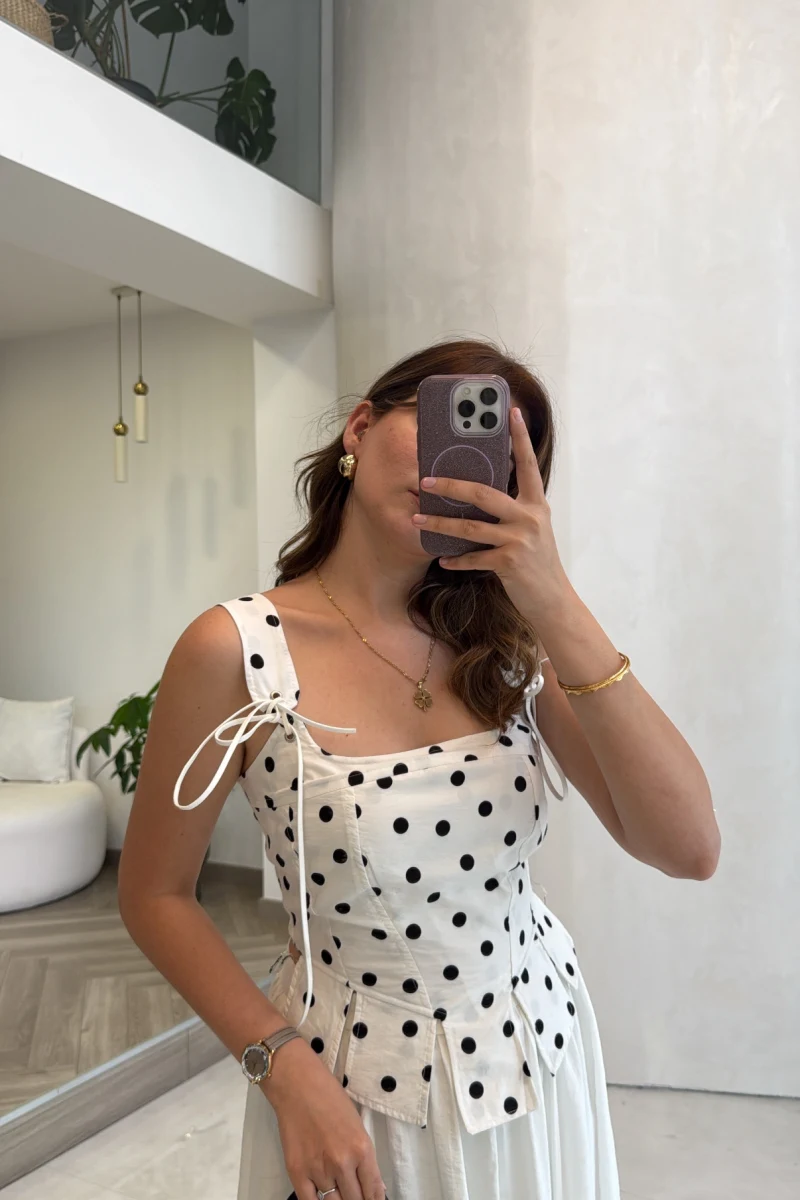 Puantiye Desenli Askılı Korse Bluz - Ekru - Kod: 58559
