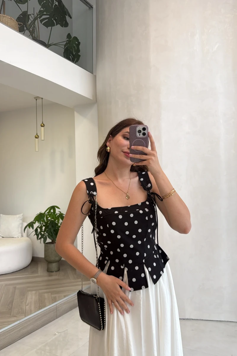 Puantiye Desenli Askılı Korse Bluz - Siyah - Kod: 58559