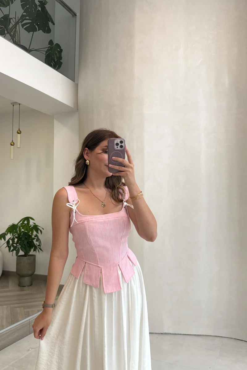 Korse Detay Askılı Crop Bluz - Pembe - Kod: 580930