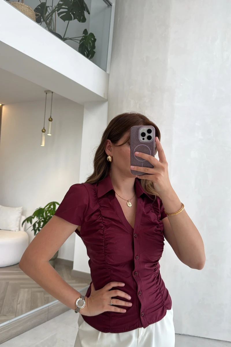 Dilvin Büzgülü Bluz - Bordo - Kod: 50546
