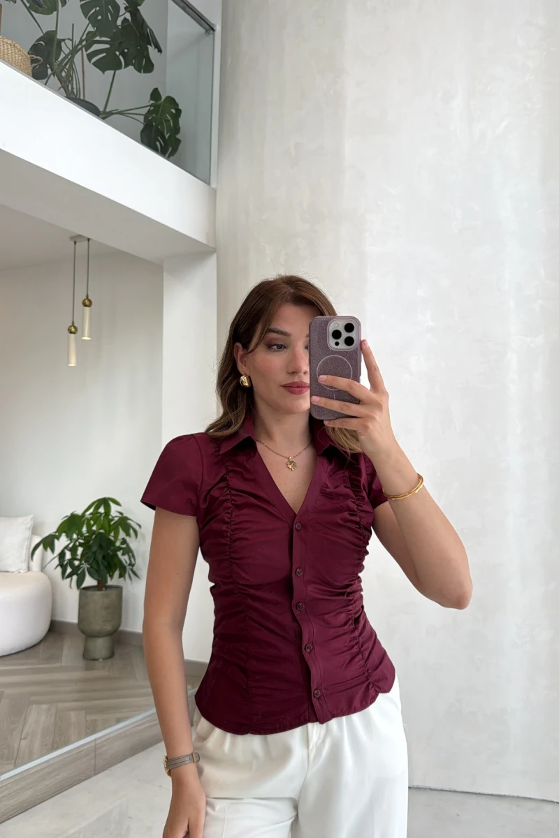 Dilvin Büzgülü Bluz - Bordo - Kod: 50546