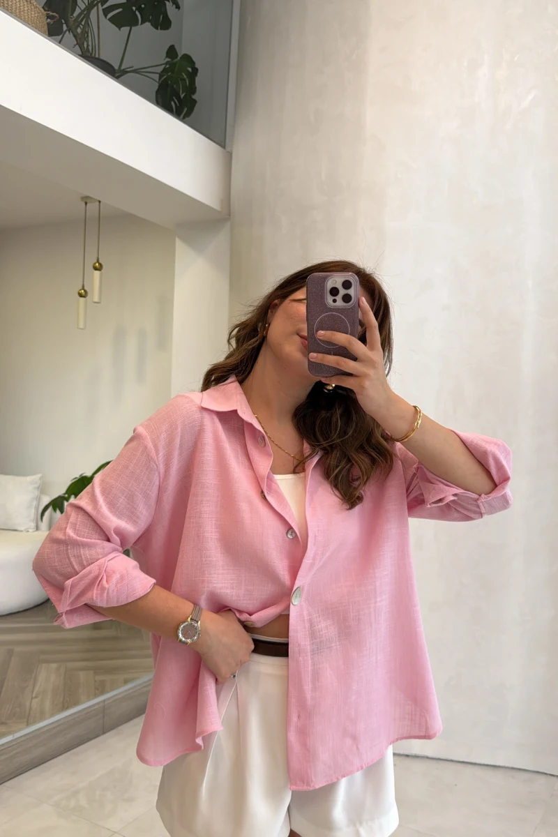Uzun Kollu Keten Gömlek - Pembe - Kod: 580384