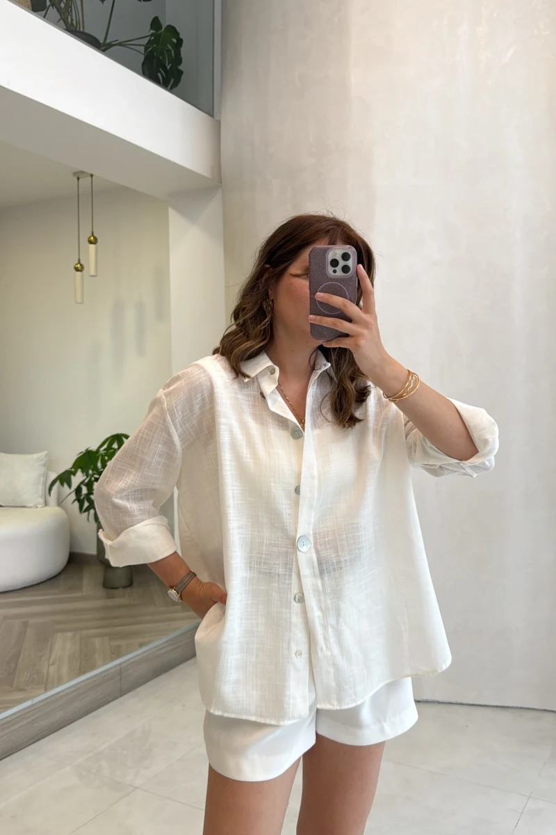 Uzun Kollu Keten Gömlek - Beyaz - Kod: 580384
