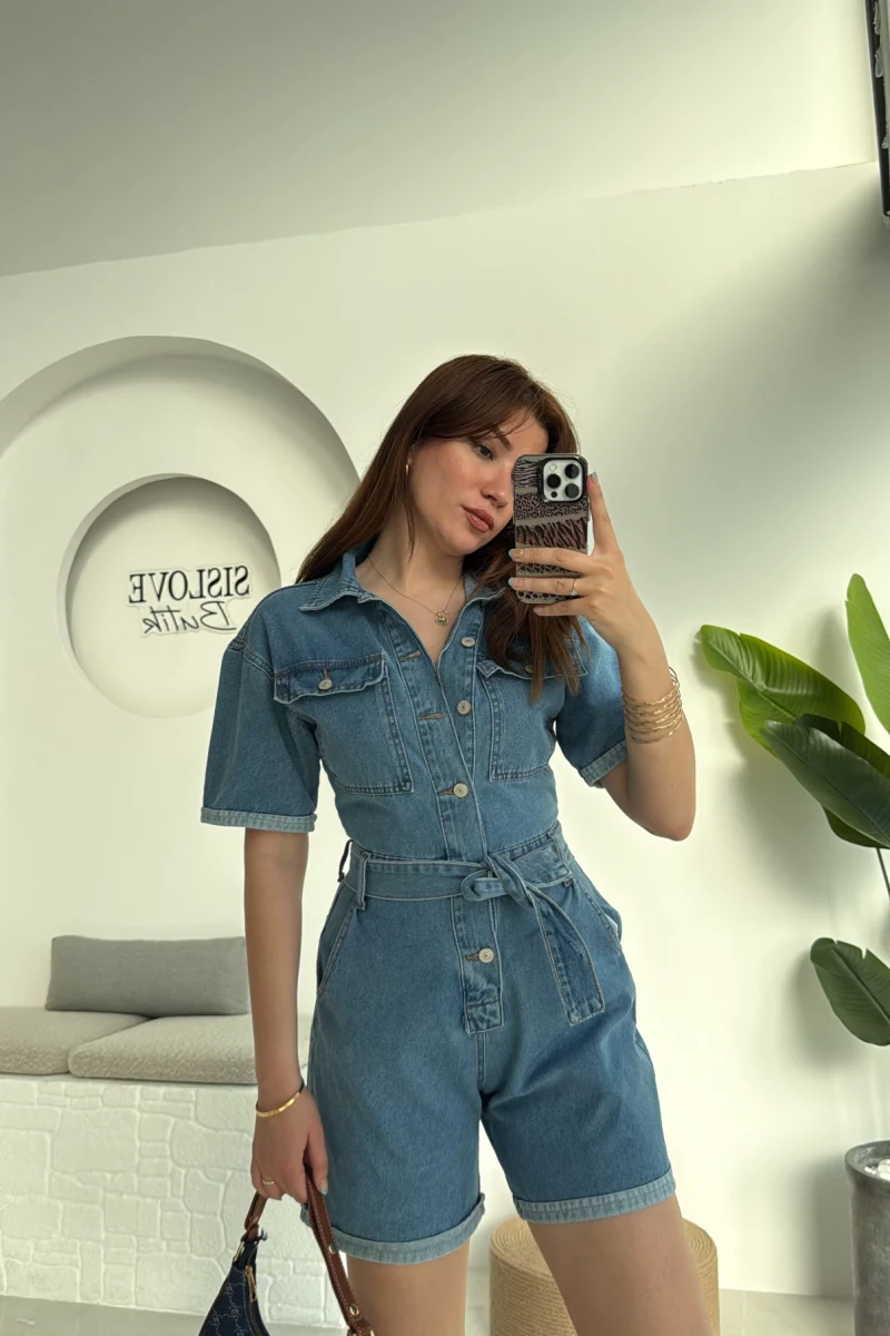Açık Mavi Kısa Şort Denim Tulum