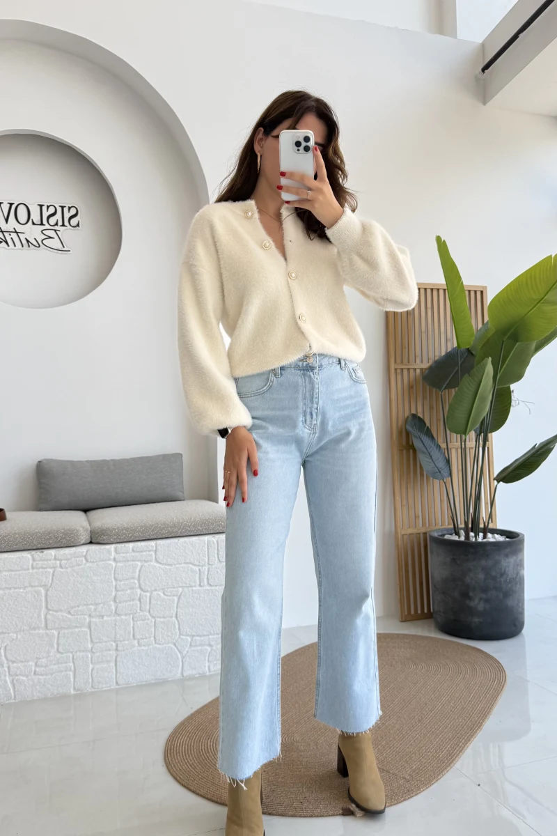 Açık Mavi Yüksek Bel Wide Leg Jean Pantolon - Kod: 1019