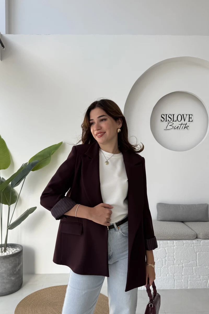 Addison Çizgi Detay Blazer Ceket - Mürdüm - Kod: 7560
