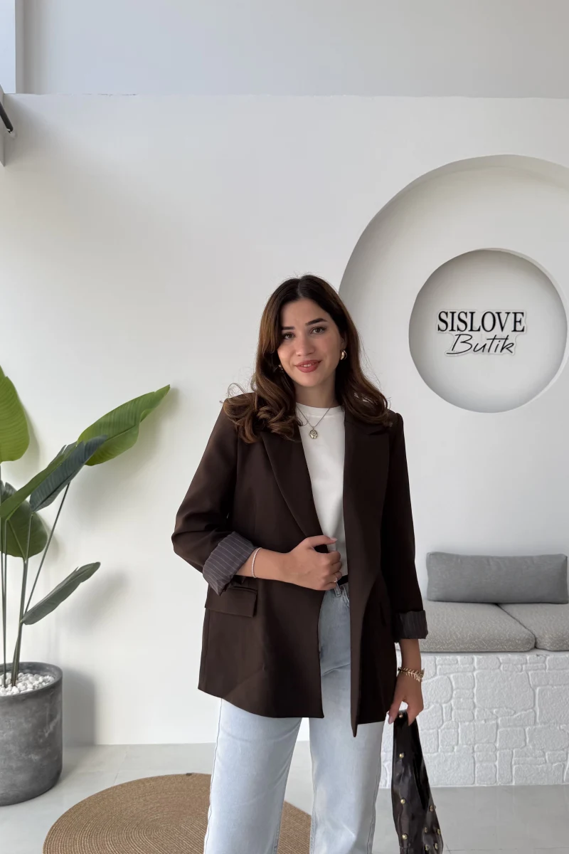 Addison Çizgi Detay Blazer Ceket - Kahve - Kod: 7560
