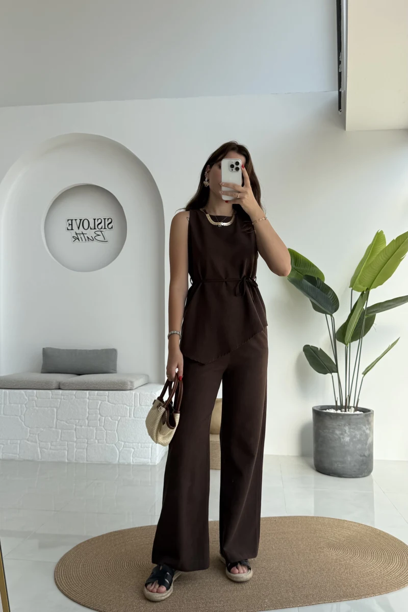 Adel Kuşaklı Asimetrik Bluz Pantolon Takım - Kahve - 8784
