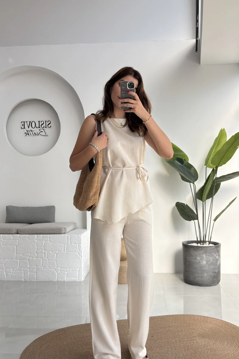 Adel Kuşaklı Asimetrik Bluz Pantolon Takım - Natural - 8784