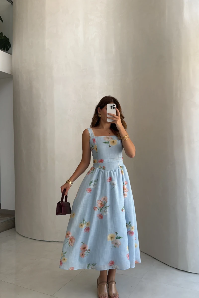 Adira Askılı Kuşaklı Çiçek Desenli Elbise - Mavi - Kod: 3207