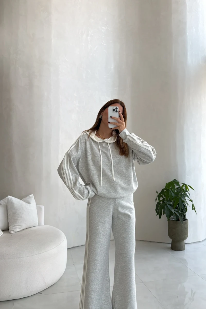 14 EYLÜL KARGOLAMA - Adley Kapüşonlu Sweatshirt Eşofman Takım - Gri - Kod: 4203