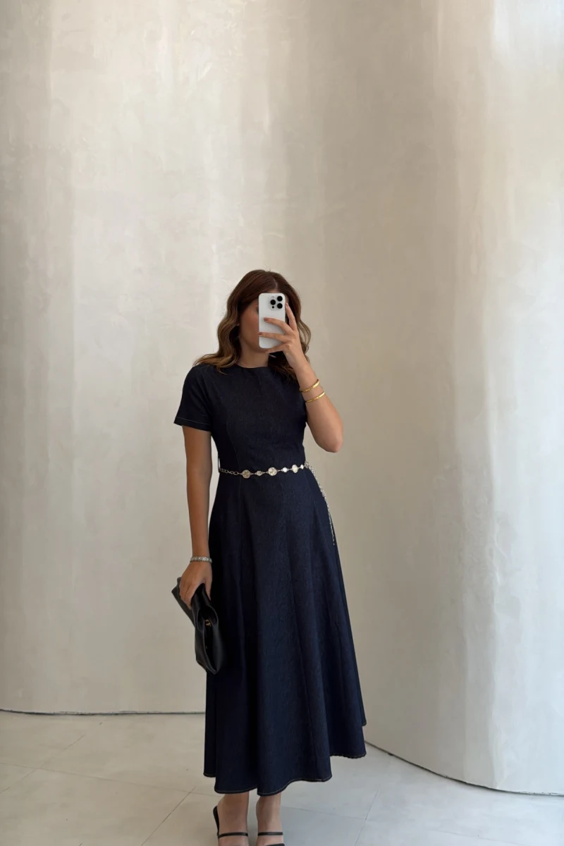 Aksesuar Kemerli Denim Elbise - Lacivert - Kod: 1056