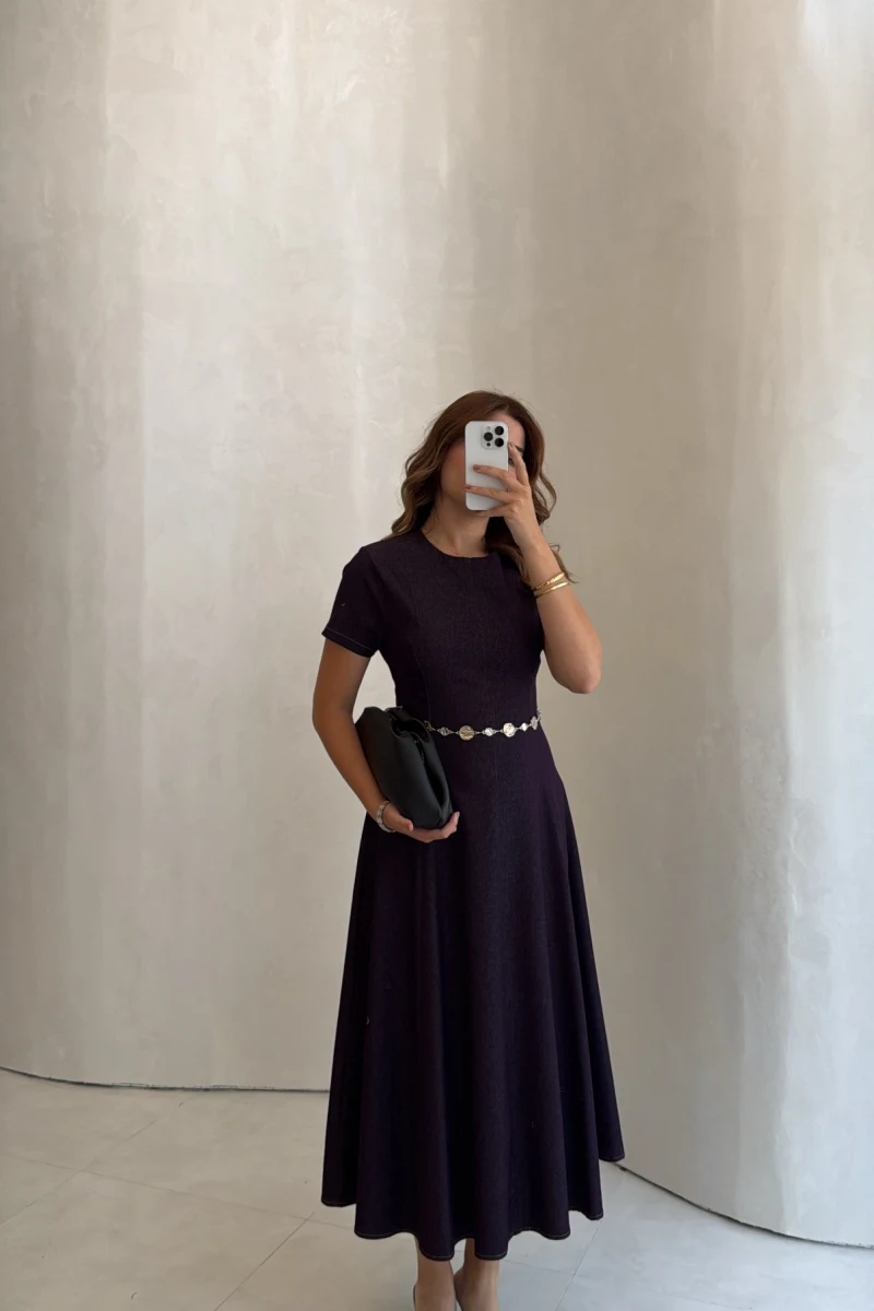 Aksesuar Kemerli Denim Elbise - Mürdüm - Kod: 1056