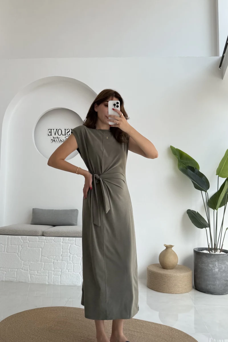 Alesia Bağlamalı Vatkalı Elbise - Haki - Kod:2131