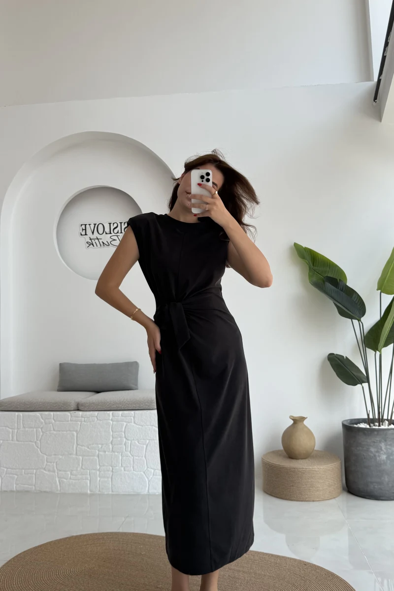 Alesia Bağlamalı Vatkalı Elbise - Siyah - Kod:2131