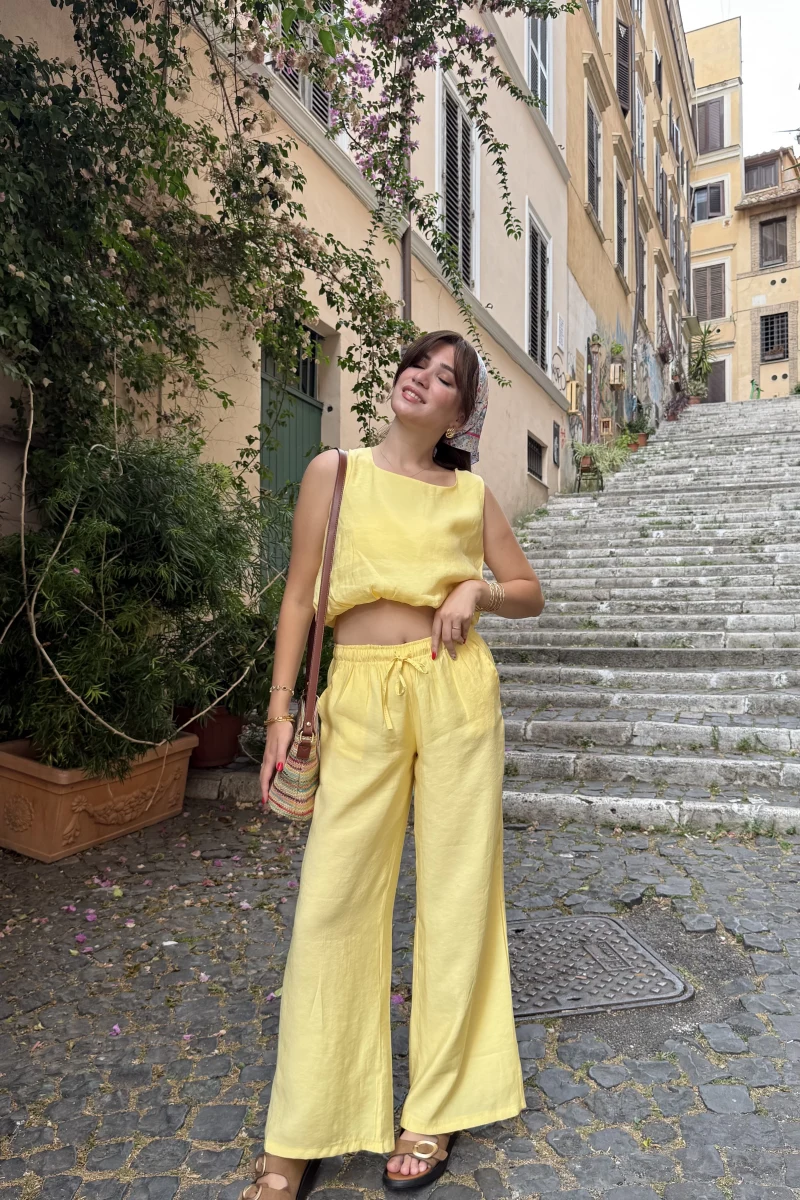 Alex Beli Lastik Detay Modal Takım - Sarı - 8013