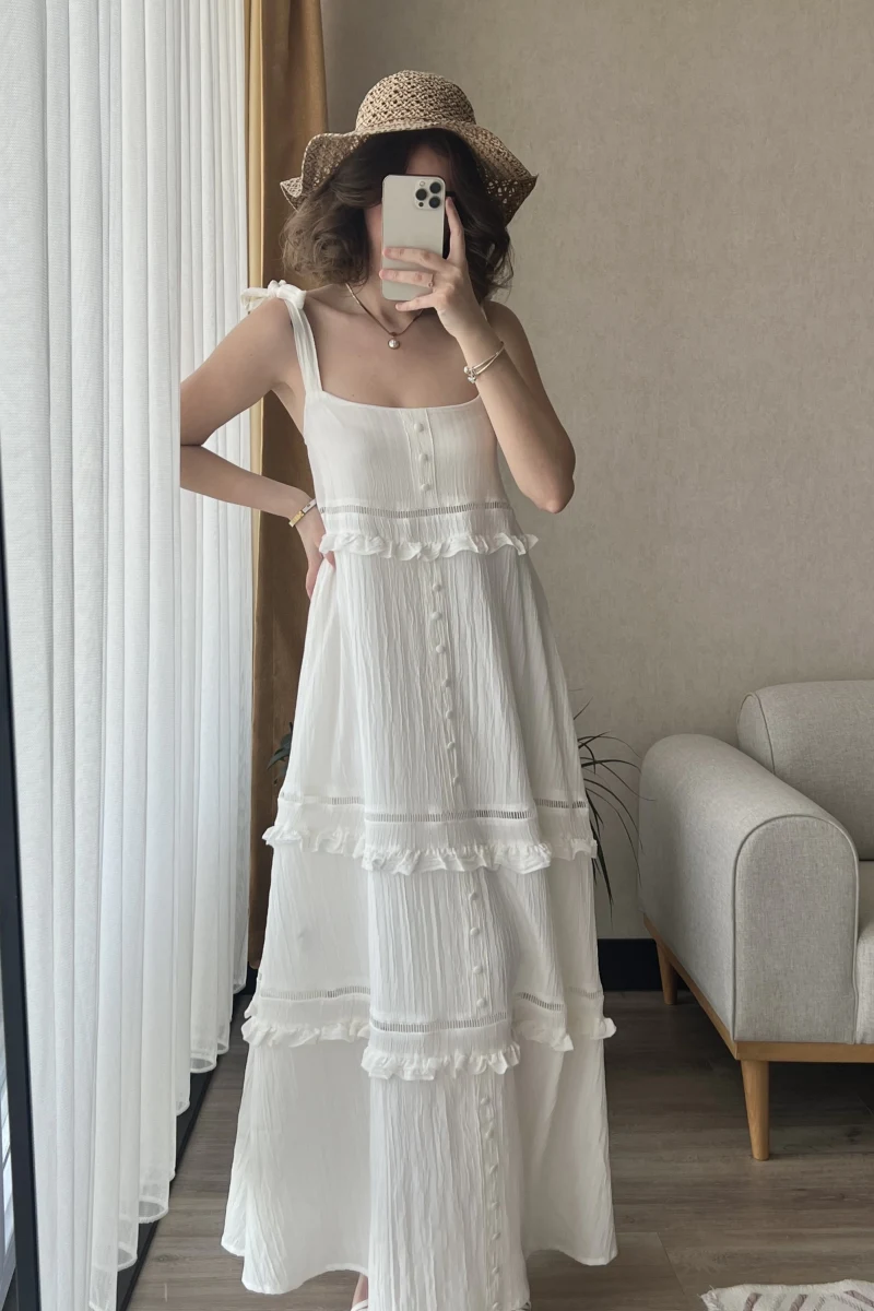 Alice Beyaz Fırfır Detay Elbise