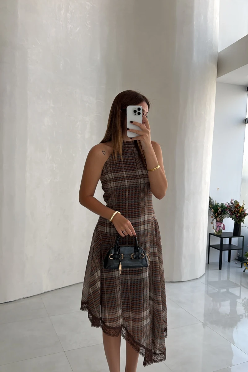 Alice Dantel Detay Ekose Desenli Elbise - Kahve - 111808