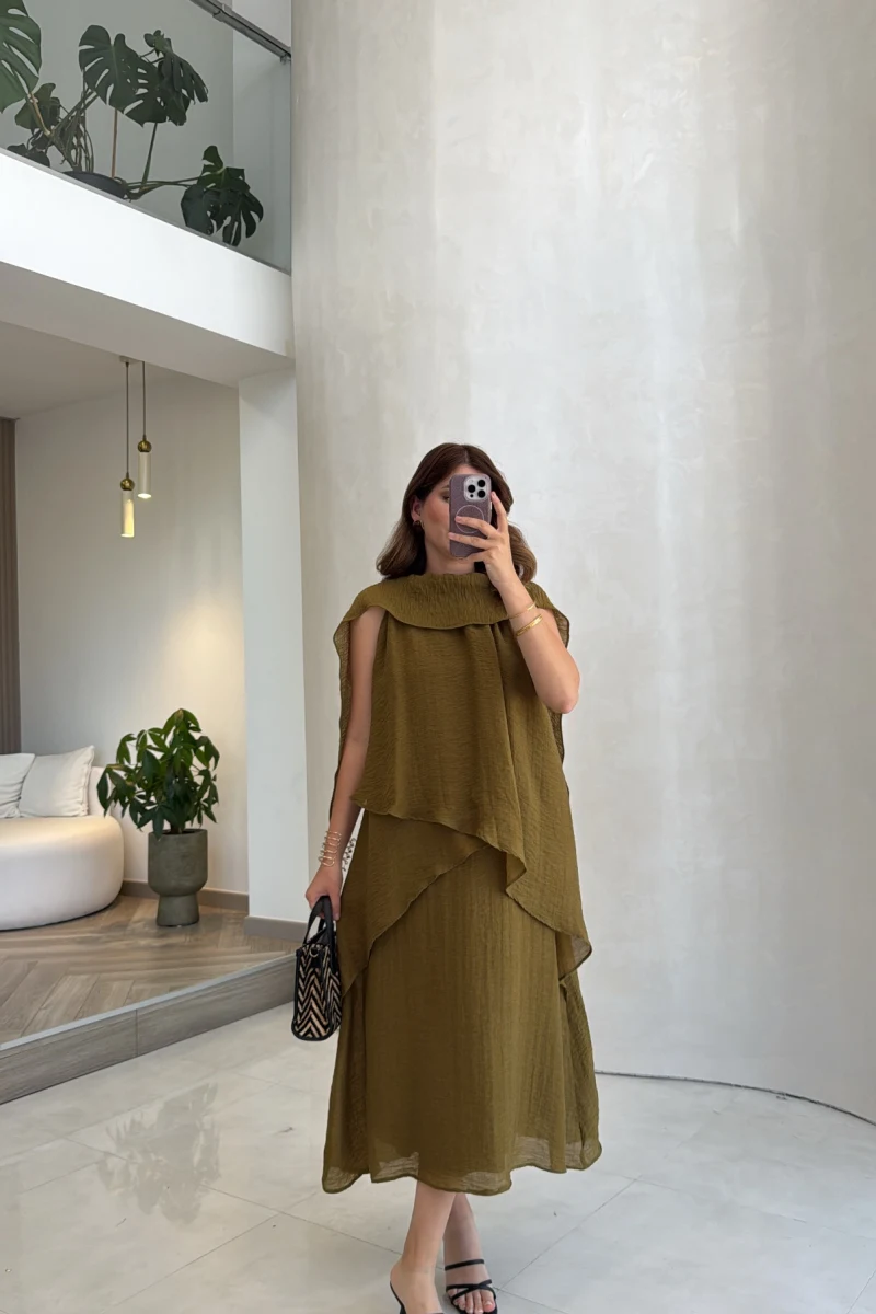 Alina Kat Kat Sıfır Kol Şallı Elbise - Olive - Kod: 3446