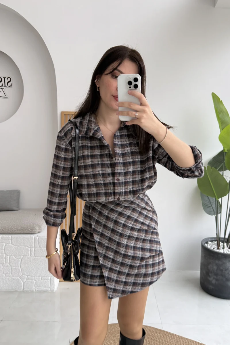 Aller Ekose Desenli Etekli Gömlek Elbise - Kahverengi