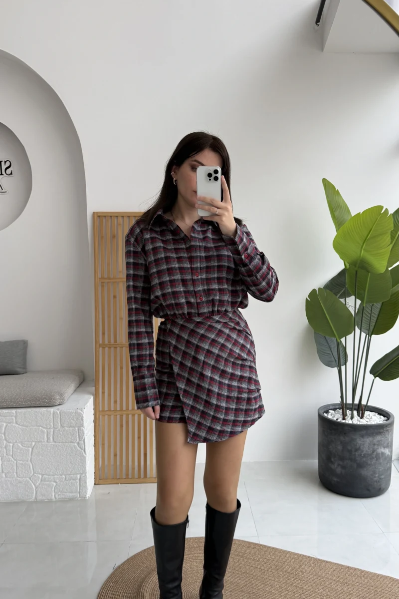 Aller Ekose Desenli Etekli Gömlek Elbise - Kırmızı